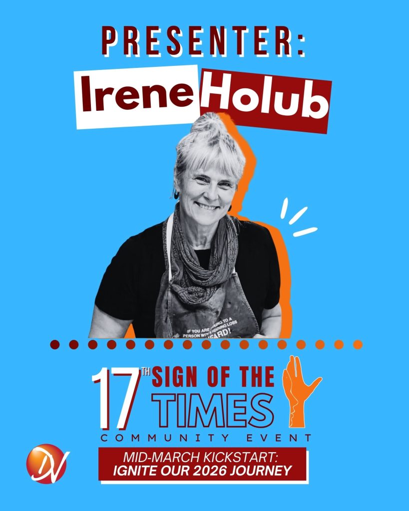 Blue poster with Irene's face and the title - "Presenter: Irene Holub" for the Signs of the Times community event